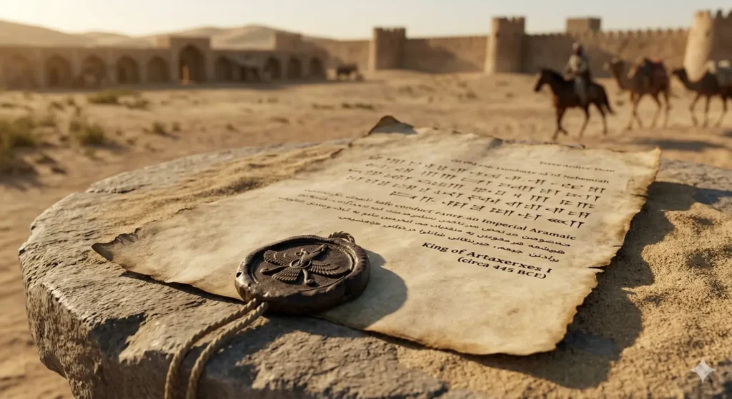 An ancient Persian safe conduct letter on aged parchment with a royal wax seal, set against a blurred desert background with a distant fortress.