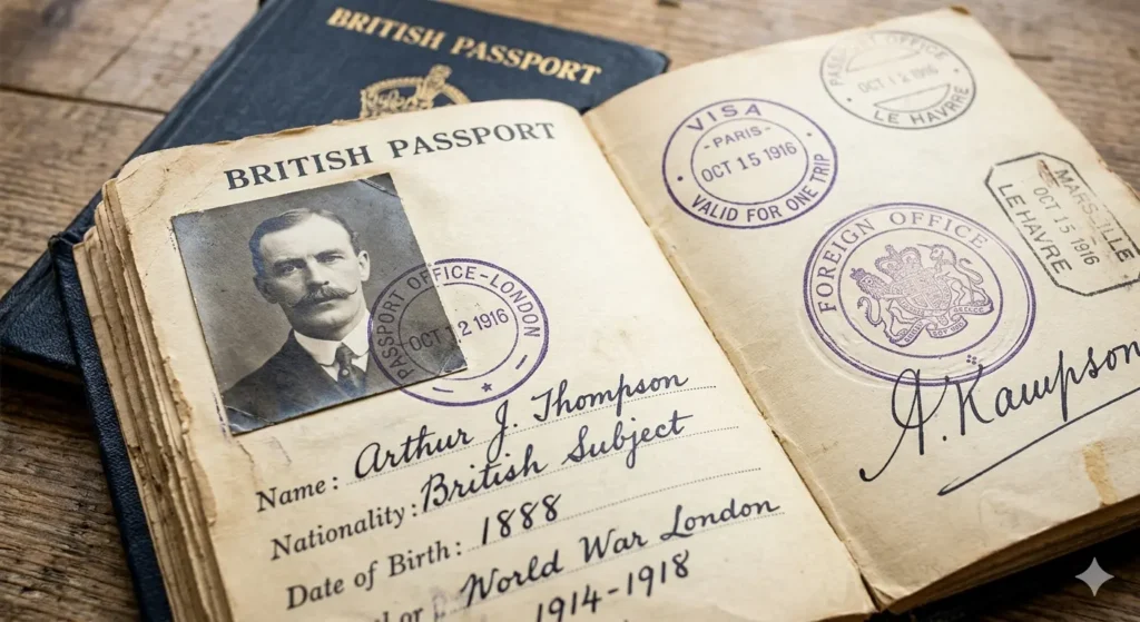 An open early 20th-century British passport showing a black-and-white portrait of a man, official purple stamps, and handwritten identification details.