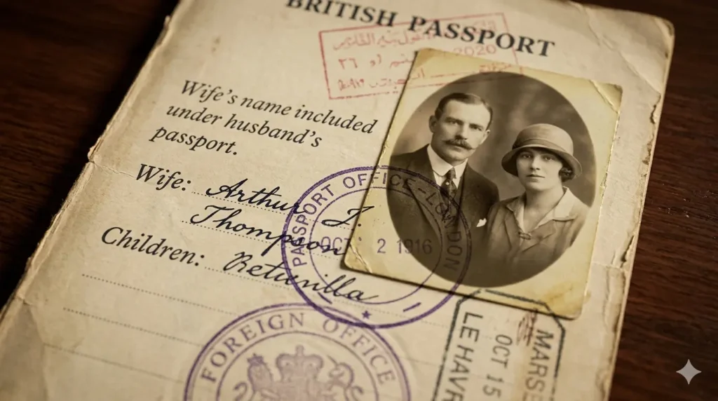 A vintage sepia-toned passport page highlighting historical gender inequality, where a wife's name and photo are included as an attachment under her husband's document.