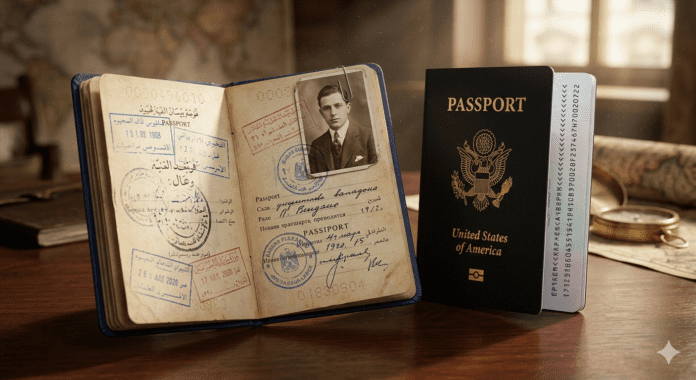 A side-by-side comparison of a vintage, weathered passport filled with old stamps and a sleek, modern biometric passport on a wooden desk with cinematic lighting.