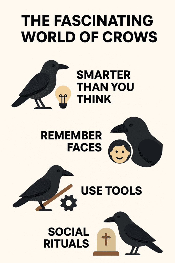 An infographic titled 'The Fascinating World of Crows' illustrating four key traits: intelligence, facial recognition, tool usage, and social rituals. Each point is accompanied by a raven icon and a small symbolic graphic.