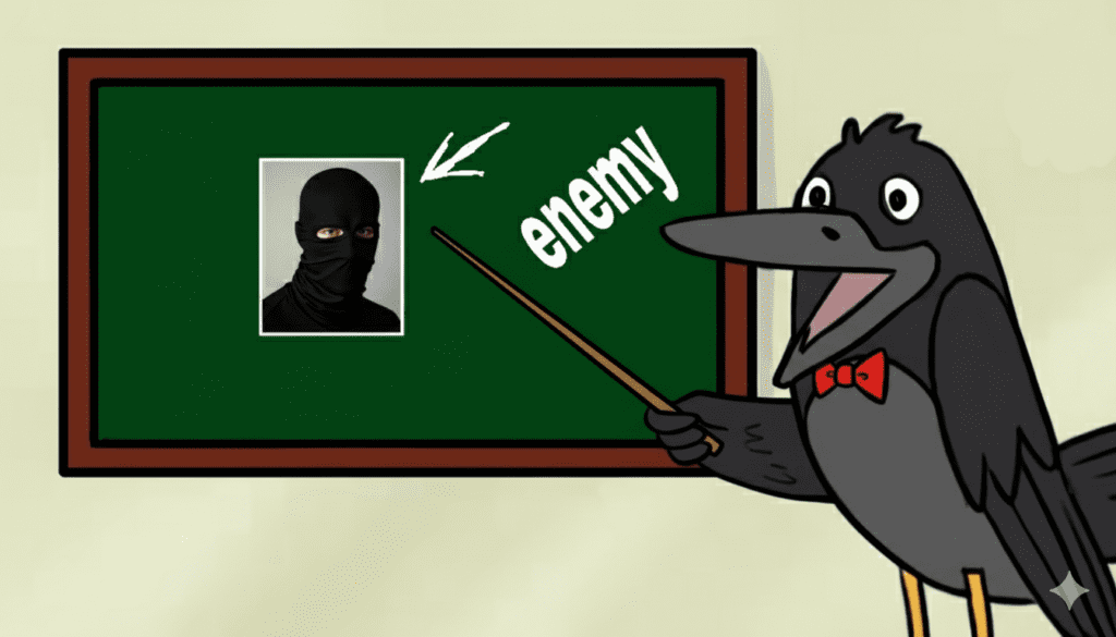 A cartoon black crow wearing a red bow tie stands smiling next to a green chalkboard, pointing with a wooden stick at a photo of a person in a black balaclava labeled “enemy” with a white arrow.