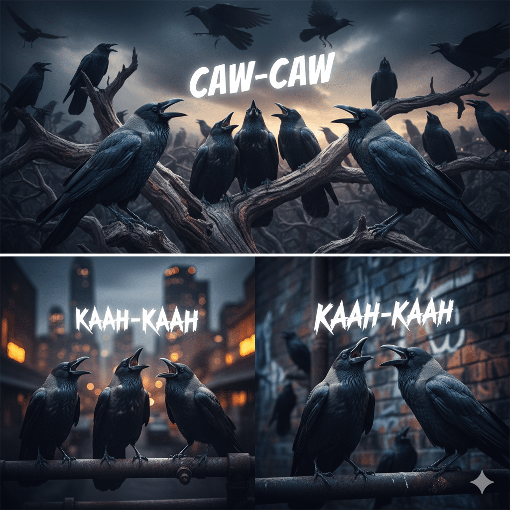 A three-panel collage of realistic crows: the top panel shows a group of crows perched on tree branches under a stormy sky with glowing text “CAW-CAW”; the bottom left panel shows three crows on a metal pipe in a nighttime city with glowing text “KAAH-KAAH”; the bottom right panel shows two crows on a pipe against a graffiti wall with glowing text “KAAH-KAAH”.