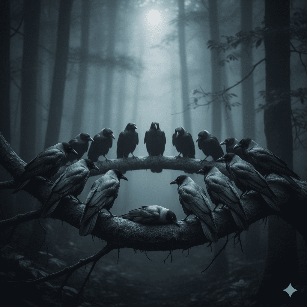 A group of black crows sitting in a circle on a moss-covered branch in a misty, moonlit forest at night, with one crow lying motionless in the center of the group.