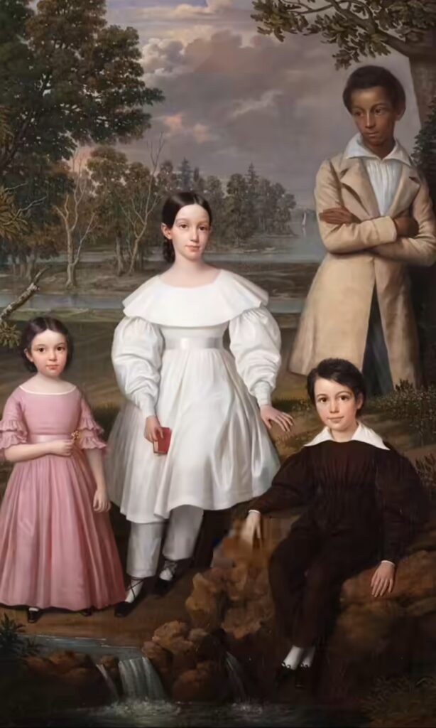 Restored 1837 painting showing Bélizaire, an enslaved boy, behind the Frey children.