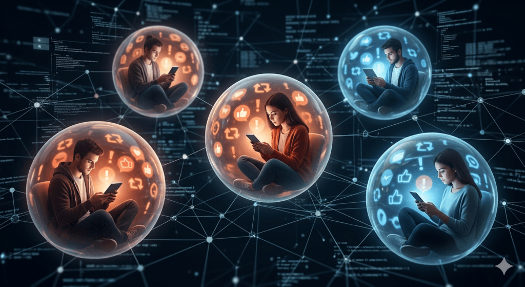 A conceptual illustration of social media echo chambers: several isolated individuals seated within translucent, floating spherical pods, completely absorbed by glowing smartphone screens. The pods reflect and loop back the same social media symbols, representing information silos and ideological isolation in a dark digital network.