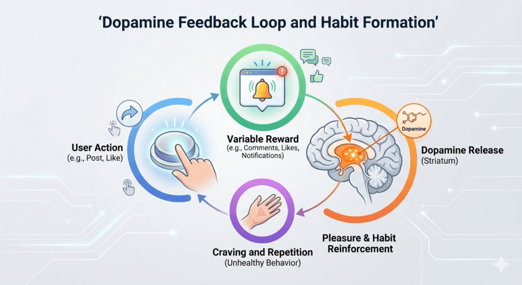 A clean, educational infographic diagram illustrating the dopamine feedback loop in social media use. A circular flow connects four key stages: User Action (like/post), Variable Reward (notifications), Brain Response (dopamine release area highlighted in a brain diagram), and Craving/Repetition, explaining habit formation and digital addiction.