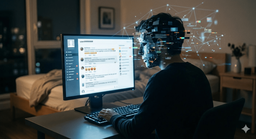 A moody, conceptual photograph illustrating digital anonymity. A solitary figure is hunched over a backlit computer keyboard in a dimly lit room, viewed from behind. Their face is completely obscured and merged with an dynamic, glitching digital mask made of fragmented shapes and network lines, symbolizing hidden identity during intense online interactions.