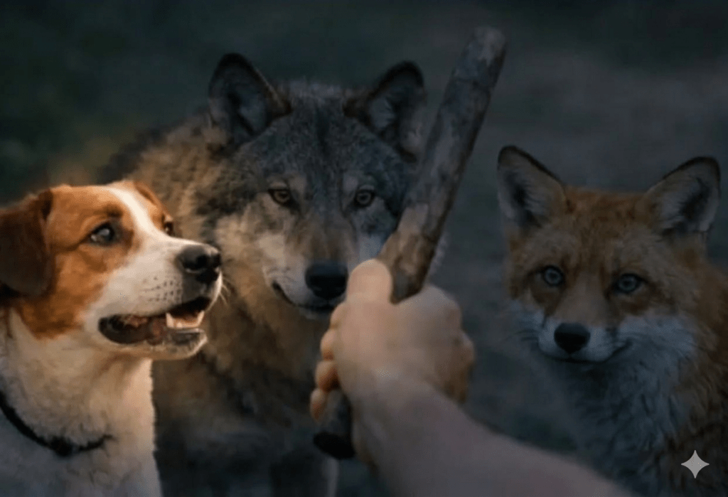 A modified close-up photograph with the central wolf and right-hand fox heavily dimmed and darkened. In sharp contrast, a warm spotlight is focused exclusively on the left-hand Jack Russell terrier, highlighting its eager face as it looks single-mindedly at the wooden stick