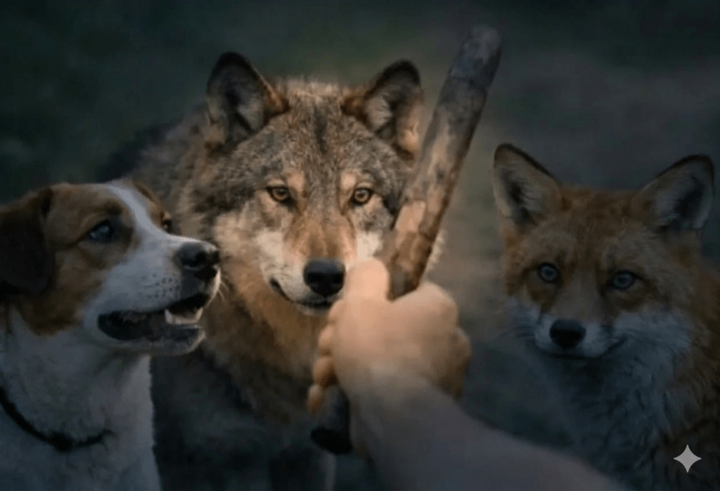 A modified close-up photograph with the Jack Russell terrier and the red fox heavily dimmed and darkened. A warm spotlight is now focused on the central wolf, highlighting its intelligent gaze as it looks past the stick directly at the human hand and person's face