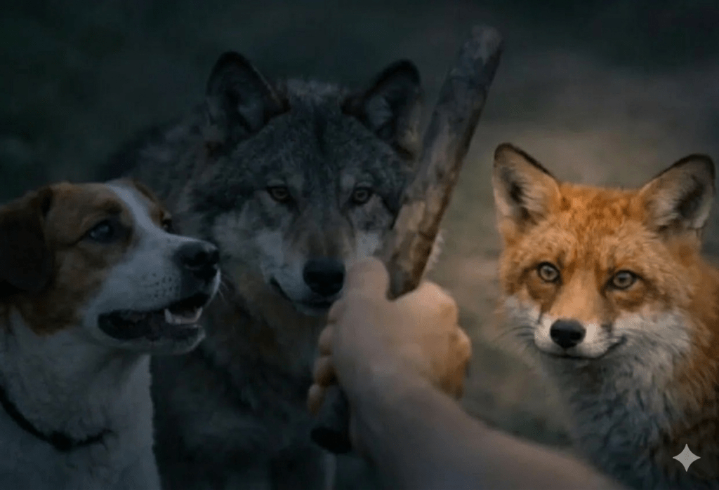 "A modified close-up photograph with the Jack Russell terrier and the central wolf heavily dimmed and darkened. A warm spotlight is focused on the right-hand red fox, highlighting its bright red fur and cunning, piercing eyes as it looks directly into the person's eyes, not at the stick or hand