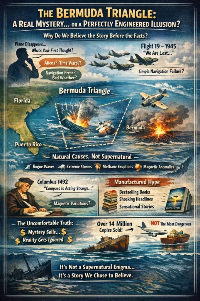 A educational infographic titled, "The Bermuda Triangle: A Real Mystery... or a Perfectly Engineered Illusion?" featuring detailed historical and scientific debunking of the myth. The poster explores historical disappearances like Flight 19, lists natural causes such as rogue waves and methane eruptions, and analyzes the "Manufactured Hype" through media and bestselling books, concluding it's not a supernatural enigma.