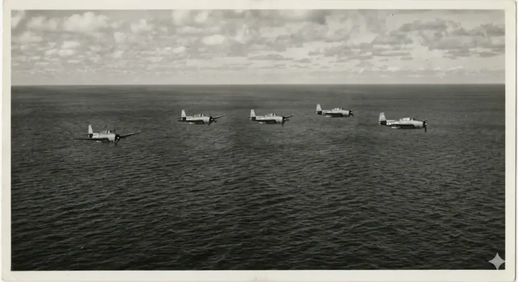 Historical black and white photo of the five TBM Avenger torpedo bombers of Flight 19 flying over the Atlantic in 1945.
