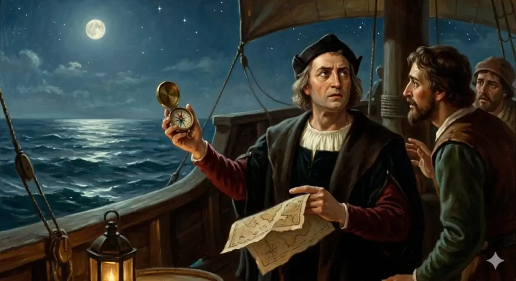 Historical illustration of Christopher Columbus on his ship at night, looking confused while holding a compass and a map under a full moon, depicting the first recorded magnetic anomalies.