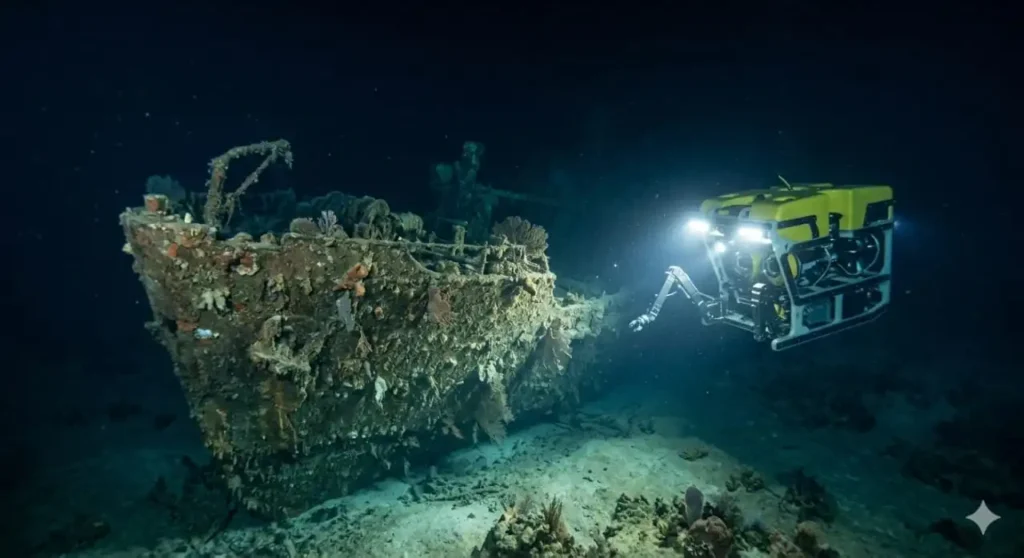 A yellow Remotely Operated Vehicle (ROV) exploring a deep-sea shipwreck, highlighting modern challenges in debris recovery.