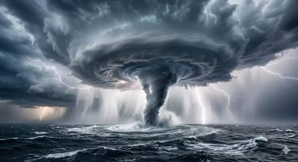 Dramatic scene of a massive waterspout tornado at sea with lightning bolts, showing extreme weather hazards in the Atlantic.
