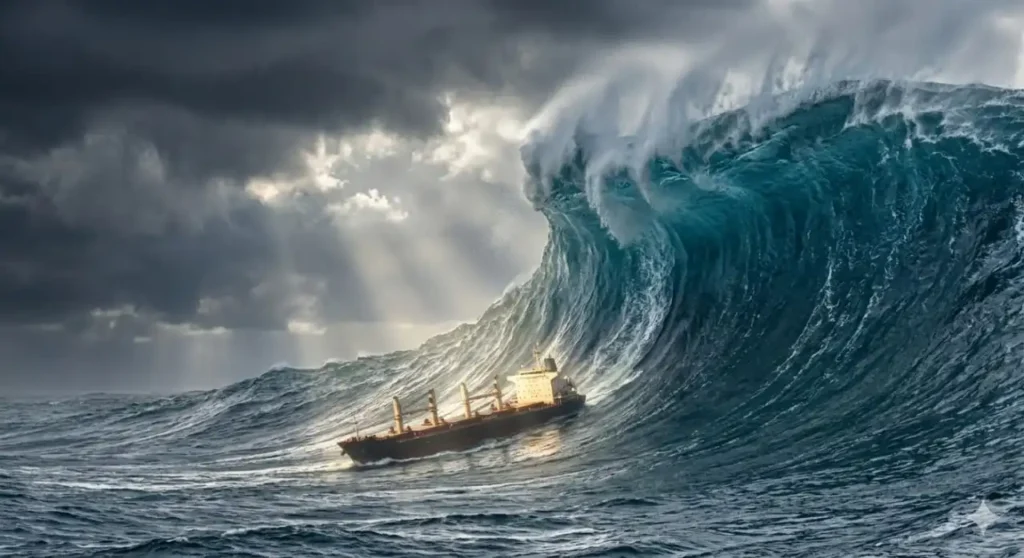 Massive rogue wave about to strike a cargo ship under a stormy sky, explaining a natural cause for sudden maritime disappearances.
