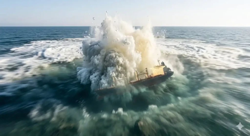 CGI simulation of a massive methane gas eruption under a ship, causing an instant loss of buoyancy and sinking.