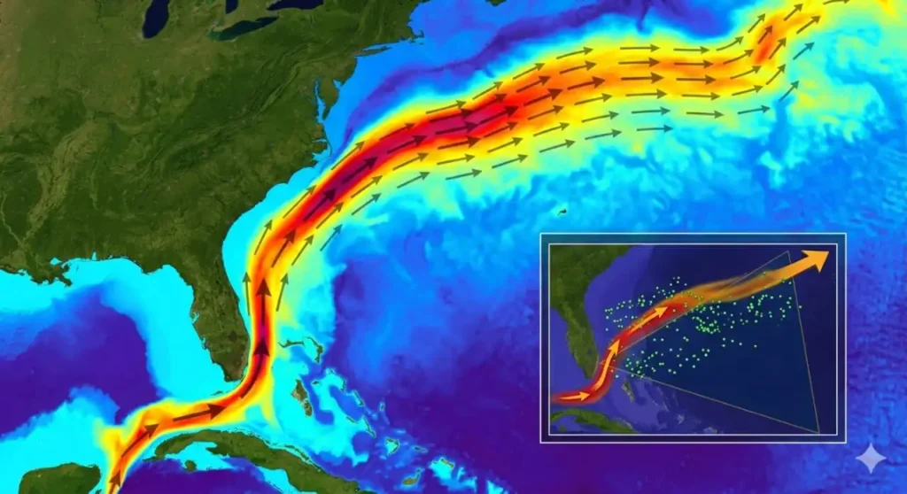 Satellite thermal map showing the Gulf Stream ocean currents and their influence on debris movement in the Bermuda Triangle region.
