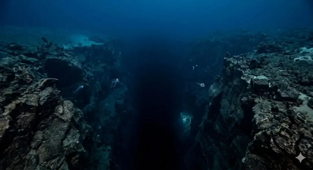 Vertical deep-sea view of the Puerto Rico Trench, illustrating the extreme depths where wreckage is impossible to locate.