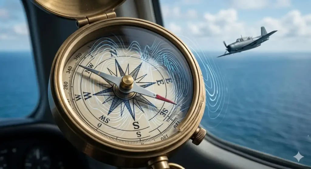 Close-up of a brass compass with superimposed magnetic field lines and a plane flying in the background, symbolizing navigation challenges.