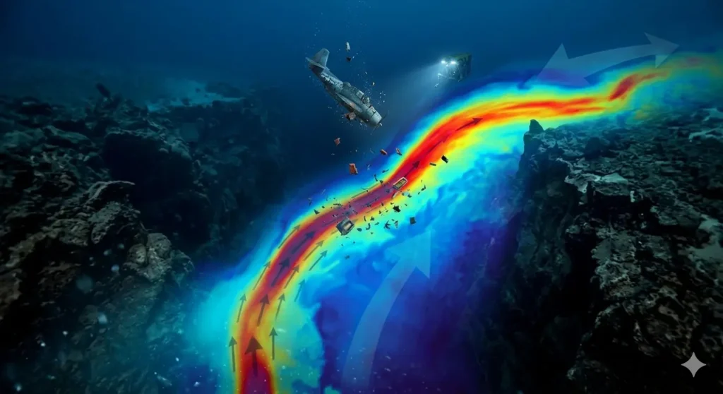 A scientific visualization showing the powerful Gulf Stream current as a glowing red and orange flow in the deep blue ocean, sweeping away wreckage and debris from a sunken aircraft to demonstrate how currents erase physical evidence.