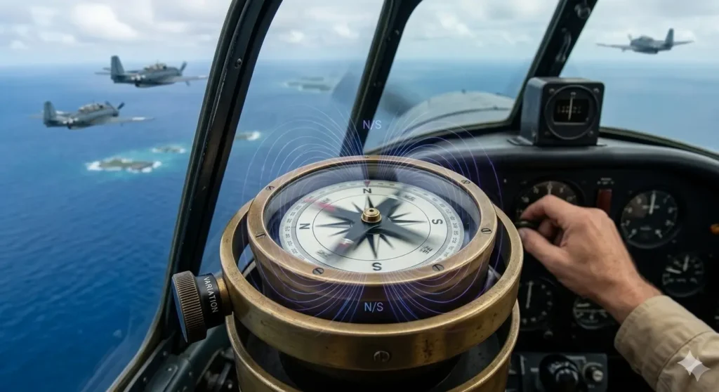 Inside the cockpit of a Flight 19 TBM Avenger, showing a spinning brass compass with glowing blue magnetic interference lines and a pilot's hand attempting to adjust the navigation under a confused sky, illustrating magnetic variations.