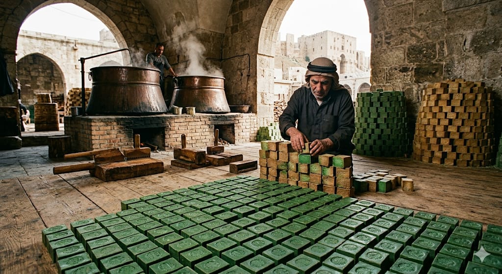 The image shows a traditional workshop in Damascus for a soap factory in Aleppo, using traditional methods.