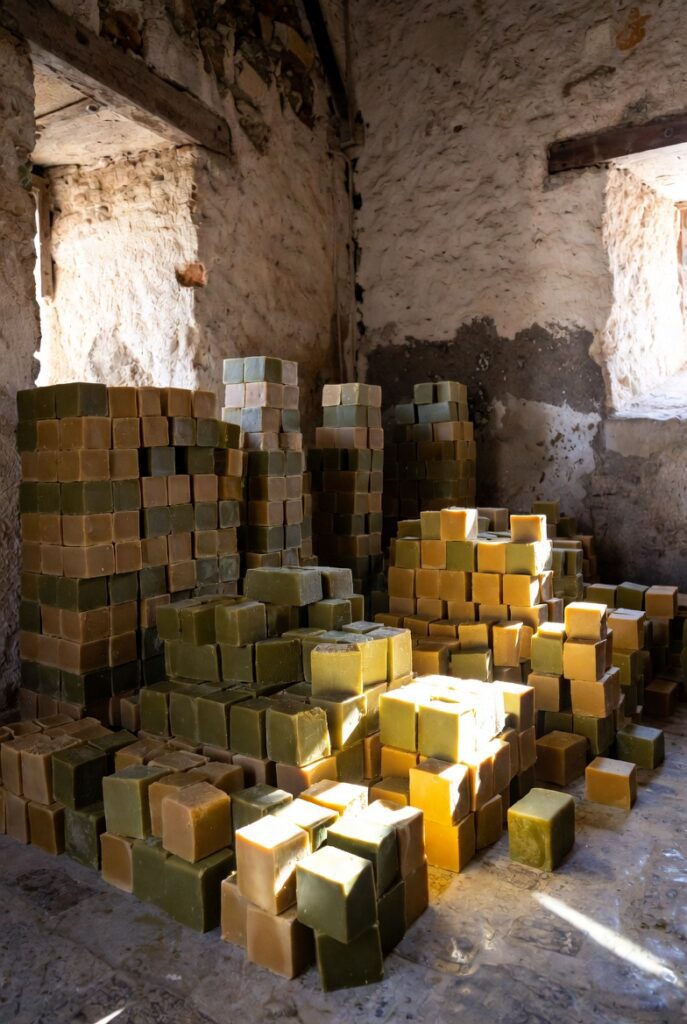 Tall columns and stacks of green and golden Aleppo soap bars aging in a traditional ventilated stone room with sunlight coming from small windows, very atmospheric and authentic.