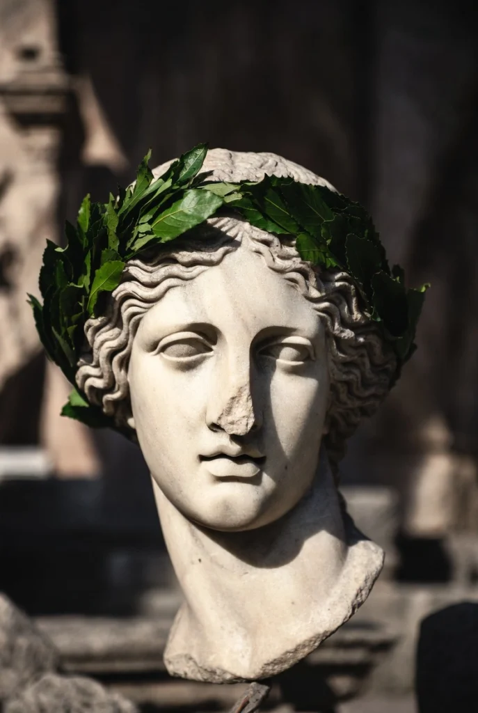 Ancient Greek or Roman laurel wreath made of fresh green leaves, placed on a marble statue head in classical style, soft dramatic lighting, historical and symbolic atmosphere.