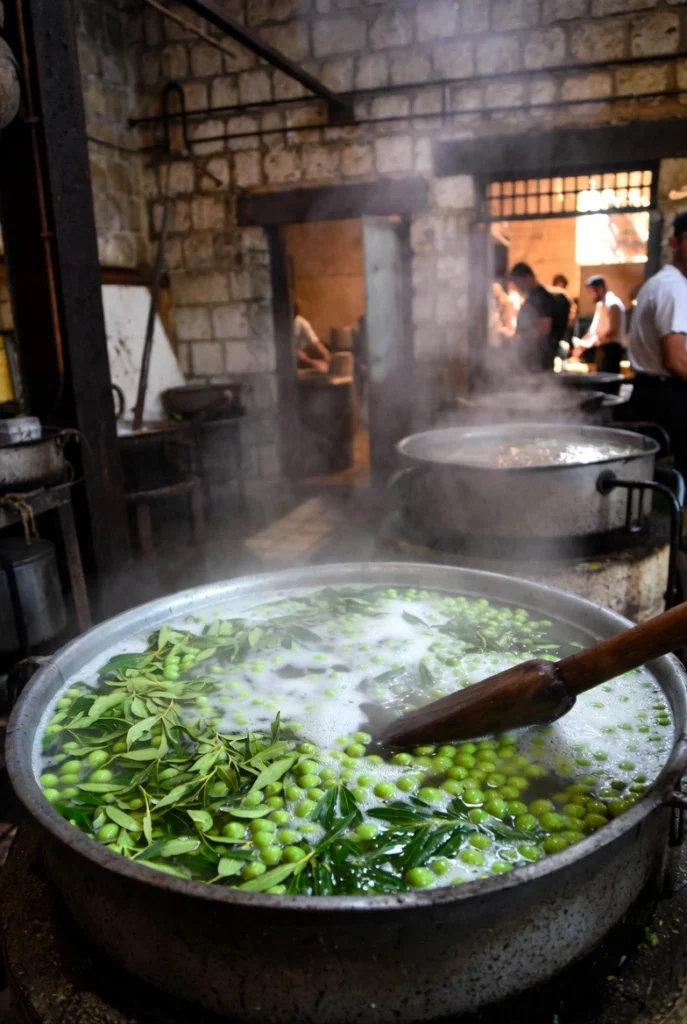 Traditional Syrian workshop, large boiling vat with green olive-laurel mixture, steam rising, old stone walls, artisans working in background, warm industrial lighting, realistic documentary style.