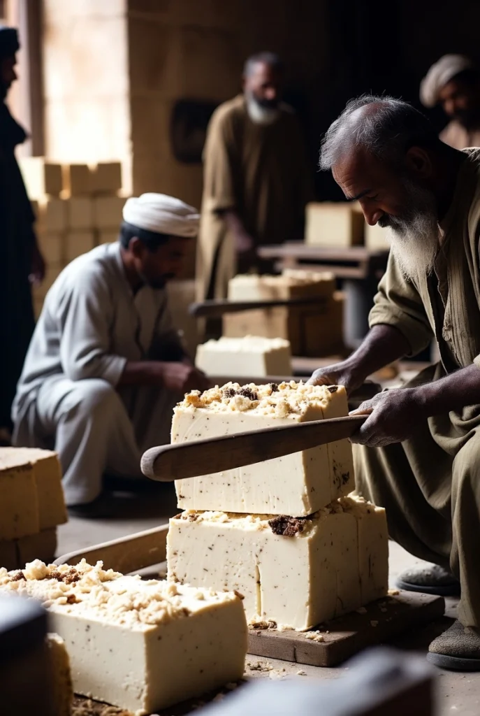 Artisans in traditional clothing cutting large fresh soap slabs by hand on the workshop floor using wooden tools, realistic scene from old Aleppo soap factory, warm lighting.