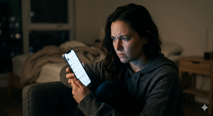 A highly realistic, dramatic photograph capturing a young adult woman sitting alone in a dimly lit apartment at night, holding a brightly glowing smartphone close to her tense face. Her expression is visibly stressed and frustrated, with focused eyes looking at the blurred social media feed on the screen. Soft blue light from the phone illuminates her face, highlighting the texture and emotional tension, set against a deeply blurred background of a bedroom and distant city lights.
