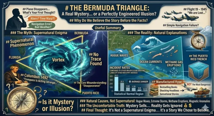 A detailed infographic comparing myths about the Bermuda Triangle (left) with scientific and historical facts (right). Title: ‘The Bermuda Triangle: A Real Mystery... or a Perfectly Engineered Illusion?’. Left section covers: Flight 19 lost, supernatural phenomena, vortices, and Christopher Columbus. Right section covers: natural explanations, rogue waves, ocean currents, methane gas eruptions, and the Puerto Rico Trench. It also includes statistical data on shipping incident rates and discusses how authors and media created sensationalized hype.