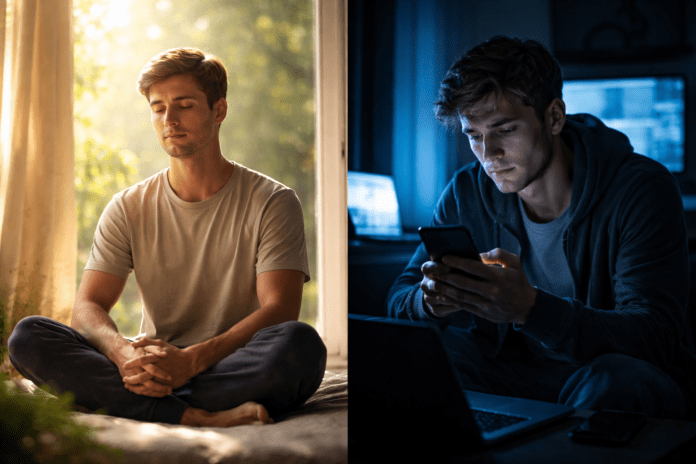 A split image comparing a man meditating peacefully in warm daylight (meaningful solitude) vs the same man isolated in the dark, illuminated by a smartphone screen (digital isolation)