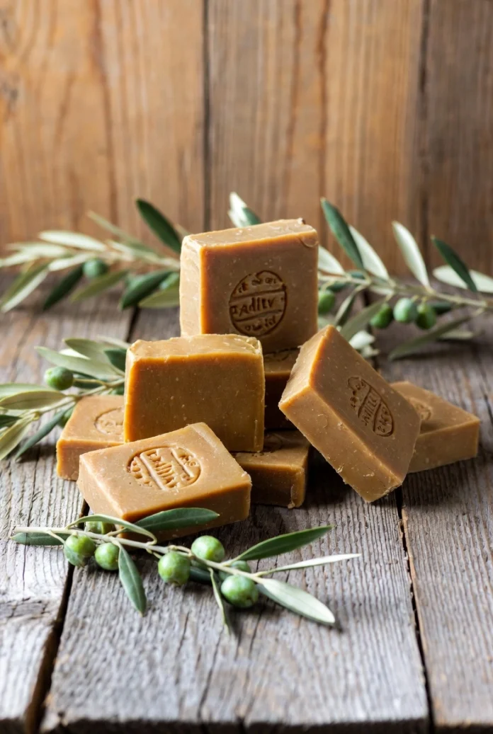 Traditional handmade Aleppo laurel soap bars, aged golden-brown color with visible authentic stamp, stacked on rustic wooden table, fresh laurel leaves and olive branches around, warm natural lighting, realistic high-quality photography style